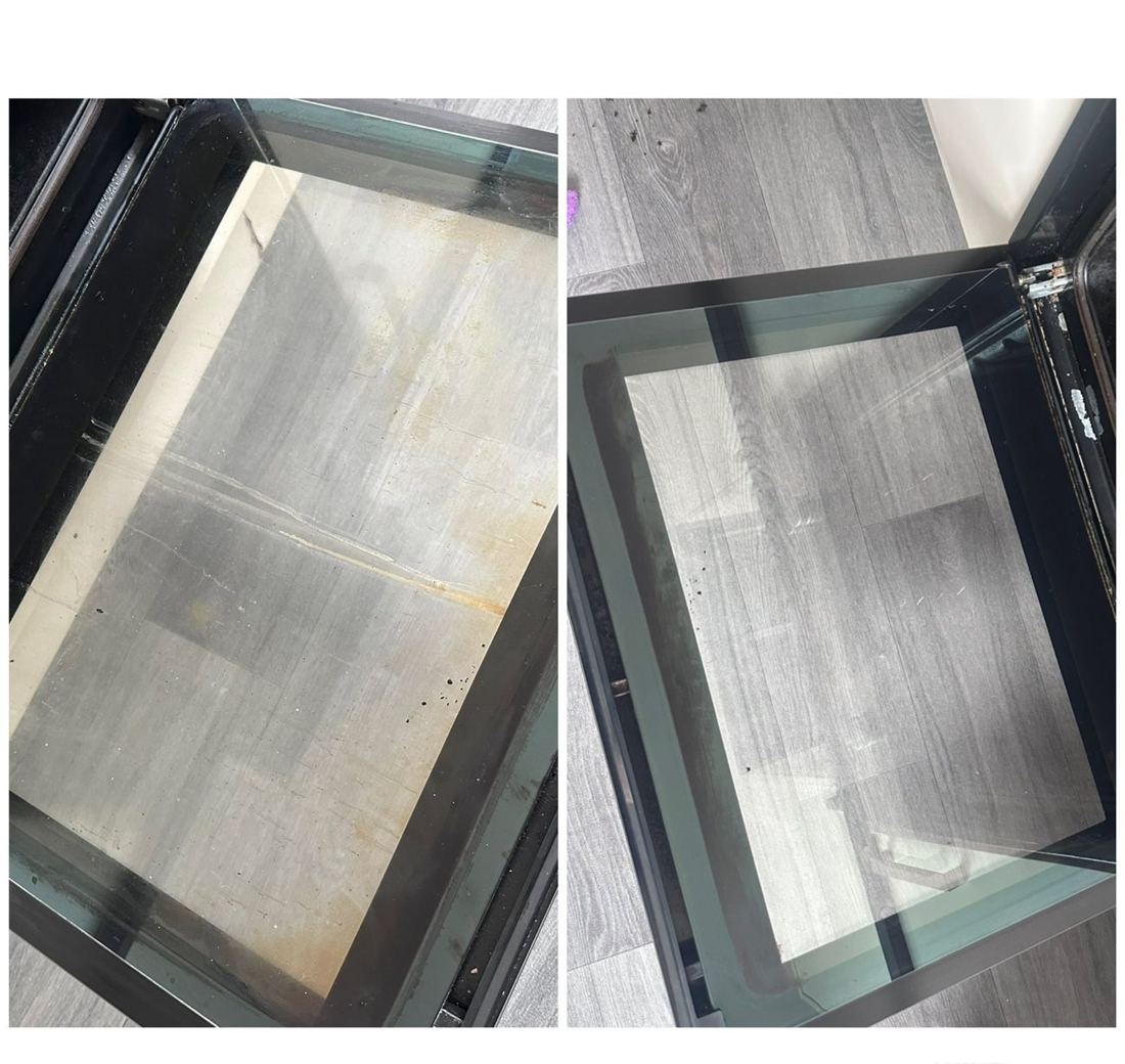 Glass shower screen before and after cleaning, limescale polished back to clear glass